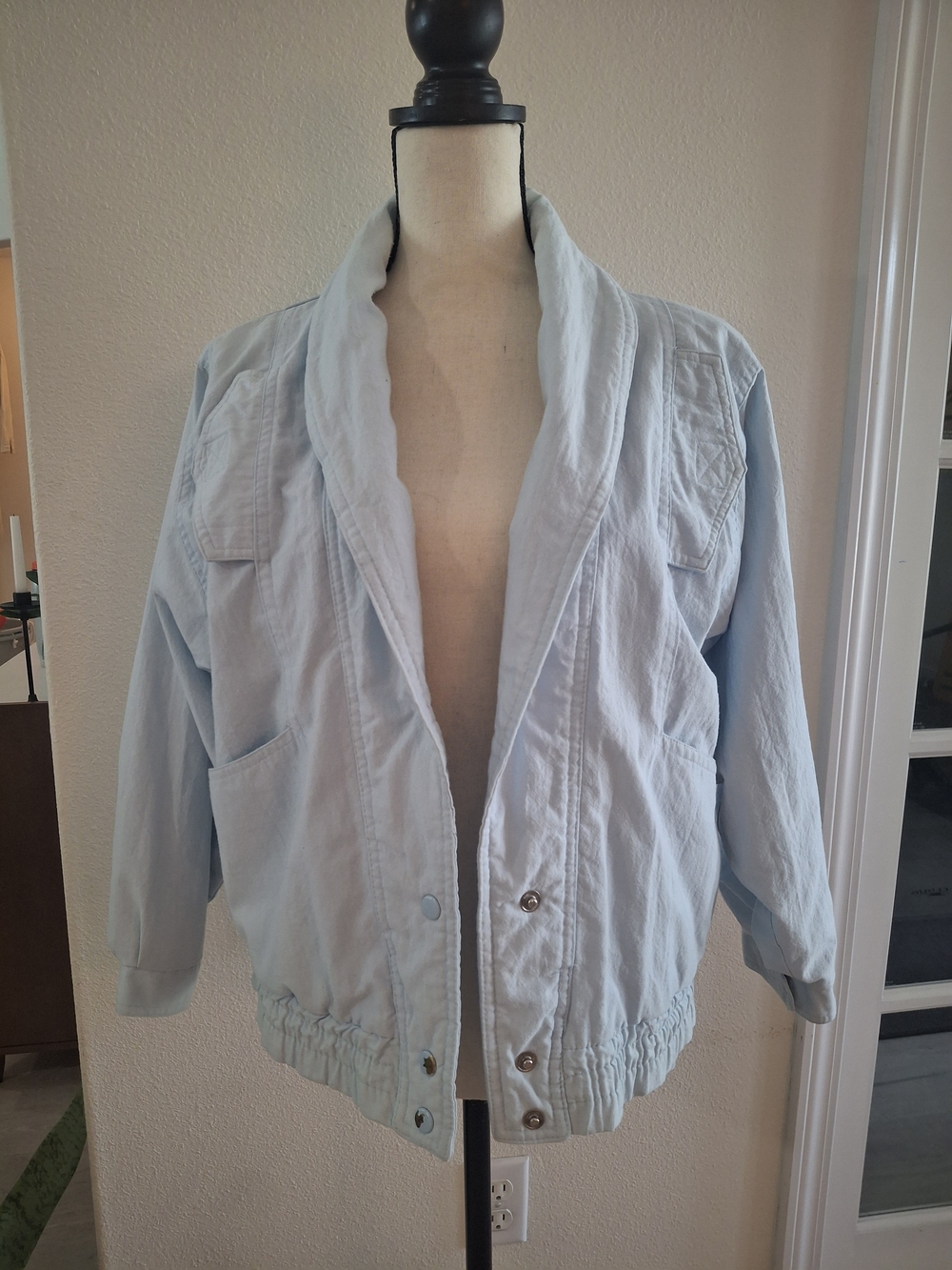 Vintage Light Blue Women's Shawl-Collar Bomber Jacket